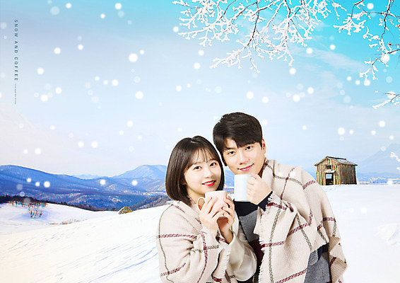 PSD 편집이미지 커플 응시 여자 남자 커피 하늘색 설경 들기 상반신 20대 성인 두명 앞모습 한국인 머그컵 눈 담요 성인만 이미지편집 자연요소 시선 음료 뷰포인트 겨울 관계 모션 날씨 사람 동양인 풍경 청년 컵 파란색 파일형식