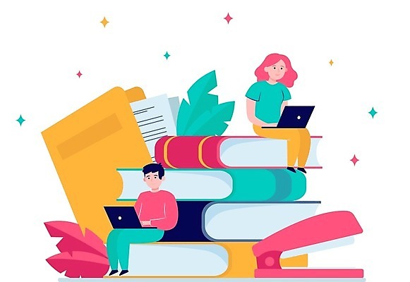 EPS 해외이미지 전신 여자 교육 남자 일러스트 모바일 사람 앉기 성인 두명 책 노트북 스터디 쌓기 대학교 온라인강의 성인만 언택트 온택트 해외일러스트 학교 모션 전자제품 학습 강의 파일형식 벡터