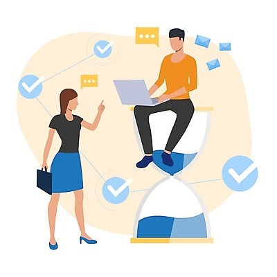 EPS 해외이미지 전신 여자 남자 말풍선 일러스트 비즈니스 모바일 대화 서기 앉기 성인 두명 노트북 모래시계 성인만 언택트 온택트 해외일러스트 모래 시계 모션 말하기 사람 전자제품 파일형식 벡터