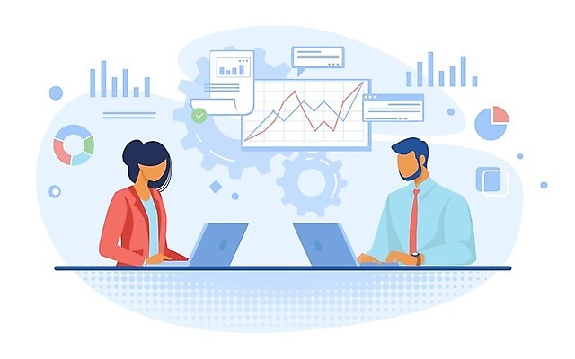 EPS 해외이미지 여자 남자 일러스트 비즈니스 통계 모바일 그래프 상반신 성인 노트북 전문직 성인만 언택트 온택트 해외일러스트 직업 사람 전자제품 파일형식 벡터