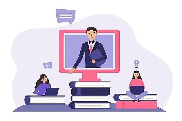 EPS 해외이미지 전신 학생 여자 남자 말풍선 일러스트 수업 모바일 들기 앉기 상반신 성인 노트북 컴퓨터 디지털 모니터 교수 교과서 온라인강의 성인만 언택트 온택트 랜선라이프 해외일러스트 라이프스타일 교육 모션 교재 사람 전자제품 교사 강의 파일형식 벡터