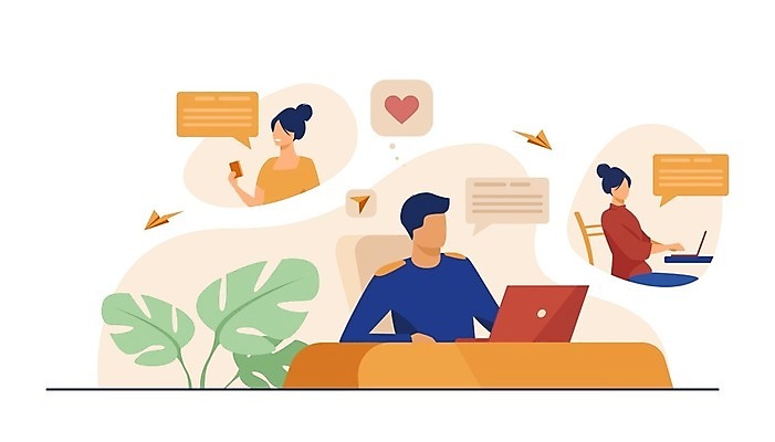 EPS 해외이미지 라이프스타일 여자 남자 말풍선 데이트 일러스트 모바일 들기 앉기 상반신 성인 세명 노트북 스마트폰 홈페이지 메시지 종이비행기 채팅 성인만 언택트 온택트 해외일러스트 모션 사람 생활 전자제품 핸드폰 스마트기기 종이접기 파일형식 벡터