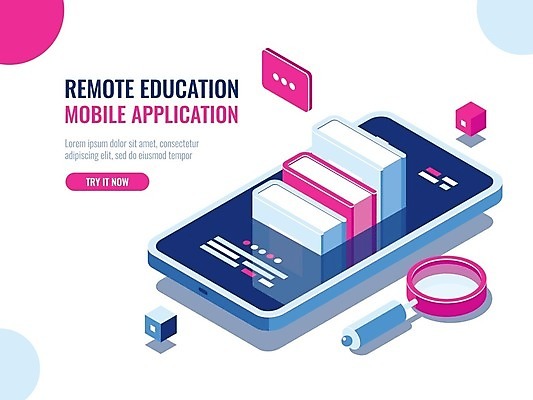 EPS 해외이미지 일러스트 돋보기 모바일 사람없음 책 스마트폰 웹서핑 전자책 도서관 어플리케이션 온라인강의 언택트 온택트 해외일러스트 교육 핸드폰 스마트기기 강의 파일형식 벡터