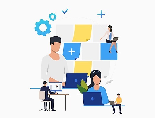 EPS 해외이미지 전신 응시 남자 의자 일러스트 비즈니스 모바일 앉기 여러명 상반신 성인 노트북 컴퓨터 사무실 업무 비즈니스맨 비즈니스우먼 책상 포스트잇 이력서 성인만 언택트 온택트 랜선라이프 해외일러스트 라이프스타일 시선 여자 가구 다수 모션 사람 전자제품 메모지 작업 직장인 파일형식 벡터