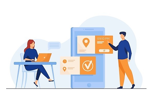 EPS 해외이미지 전신 여자 남자 일러스트 모바일 서기 앉기 성인 두명 노트북 스마트폰 어플리케이션 온라인 예약 성인만 언택트 온택트 해외일러스트 모션 사람 전자제품 핸드폰 스마트기기 파일형식 벡터