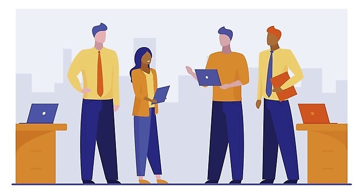 EPS 해외이미지 전신 여자 남자 일러스트 비즈니스 회의 협력 서기 들기 여러명 성인 노트북 비즈니스맨 비즈니스우먼 소통 성인만 해외일러스트 다수 컨셉 모션 사람 전자제품 직장인 파일형식 벡터