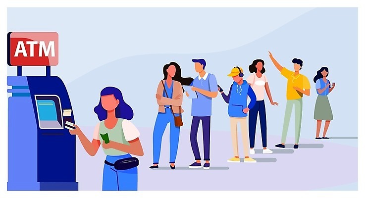 EPS 해외이미지 전신 여자 남자 일러스트 서기 들기 여러명 상반신 성인 금융 손들기 기다림 ATM 인출 줄서기 성인만 해외일러스트 다수 모션 사람 경제 파일형식 벡터