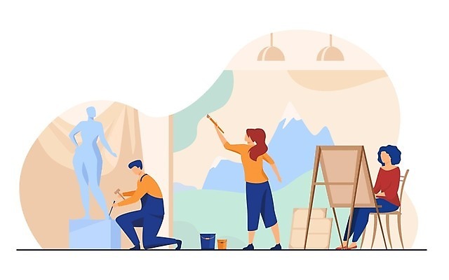 EPS 해외이미지 전신 여자 남자 일러스트 앉기 성인 취미 세명 조각상 그리기 작업실 무릎꿇기 이젤 그림 예술가 화가 조각가 성인만 해외일러스트 직업 모션 사람 조형물 미술도구 파일형식 벡터