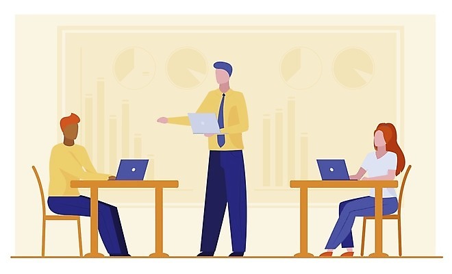 EPS 해외이미지 전신 여자 남자 의자 일러스트 비즈니스 회의 대화 앉기 성인 세명 노트북 비즈니스맨 비즈니스우먼 발표 책상 프로젝트 성인만 해외일러스트 가구 모션 말하기 사람 전자제품 직장인 파일형식 벡터