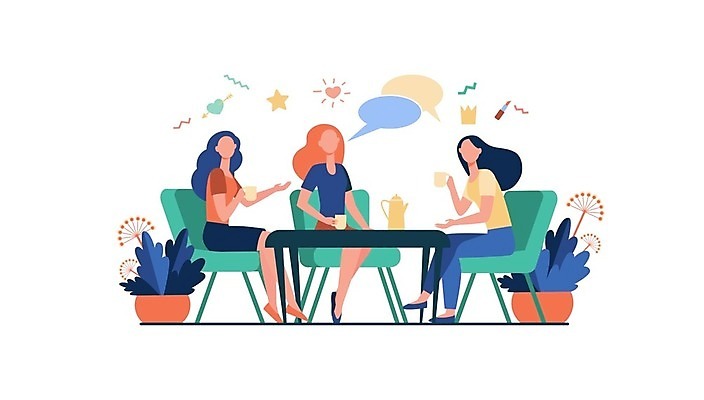 EPS 해외이미지 전신 라이프스타일 여자 화분 의자 일러스트 탁자 대화 앉기 성인 세명 우정 카페 즐거움 성인여자만 해외일러스트 감정 가구 모션 말하기 사람 생활 친구 상점 여자만 성인만 파일형식 벡터