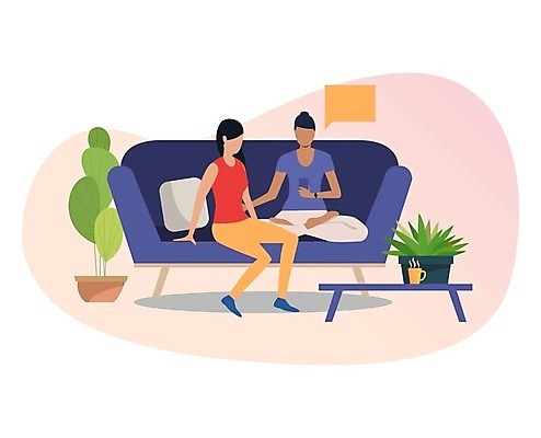 EPS 해외이미지 전신 여자 화분 말풍선 거실 일러스트 탁자 들기 앉기 성인 두명 스마트폰 소파 우정 성인여자만 해외일러스트 가구 의자 모션 사람 친구 핸드폰 스마트기기 여자만 성인만 파일형식 벡터