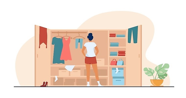 EPS 해외이미지 전신 라이프스타일 원피스 여자 화분 생각 일러스트 바지 한명 서기 성인 장롱 옷걸이 고민 옷고르기 성인여자한명만 해외일러스트 1 옷 감정 가구 모션 하의 사람 생활 여자한명만 성인여자만 파일형식 벡터