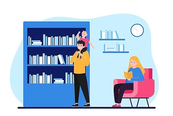 EPS 해외이미지 전신 여자 남자 어린이 의자 일러스트 가족 책장 앉기 소년 성인 책 세명 독서 목말 서재 해외일러스트 가구 관계 모션 사람 파일형식 벡터