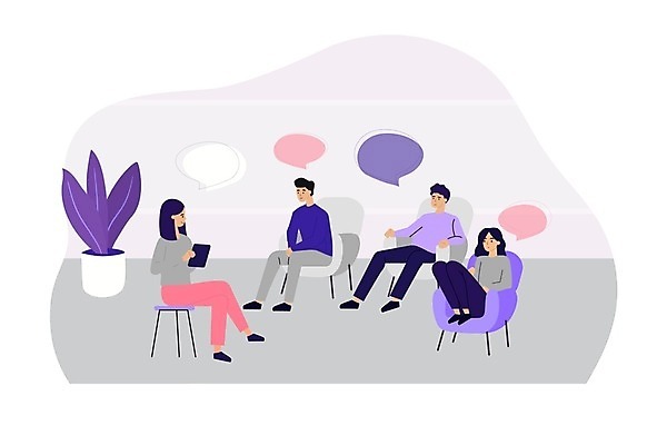 EPS 해외이미지 전신 여자 남자 화분 말풍선 의자 일러스트 앉기 여러명 성인 그룹 상담원 상담 성인만 심리치료 심리상담 해외일러스트 가구 다수 모션 사람 치료 사무원 심리 파일형식 벡터
