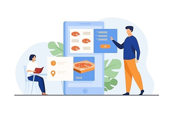 EPS 해외이미지 전신 라이프스타일 여자 남자 잎 일러스트 피자 앉기 성인 두명 스마트폰 터치 모바일쇼핑 온라인구매 성인만 음식배달 배달어플 해외일러스트 식물 모션 패스트푸드 서양음식 사람 생활 핸드폰 스마트기기 배송 온라인쇼핑 파일형식 벡터