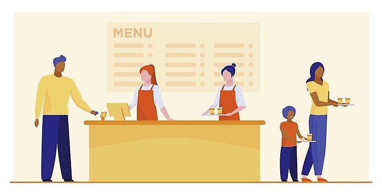 EPS 해외이미지 전신 라이프스타일 여자 남자 어린이 일러스트 쟁반 들기 소년 여러명 상반신 성인 식당 레스토랑 카페 계산대 메뉴판 해외일러스트 다수 모션 사람 생활 상점 파일형식 벡터