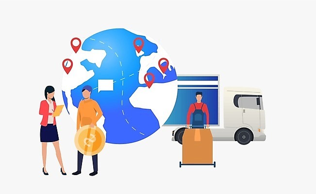 EPS 해외이미지 전신 라이프스타일 여자 남자 일러스트 들기 상반신 성인 세명 지구본 동전 배송 해외배송 성인만 해외일러스트 돈 모션 사람 생활 파일형식 벡터