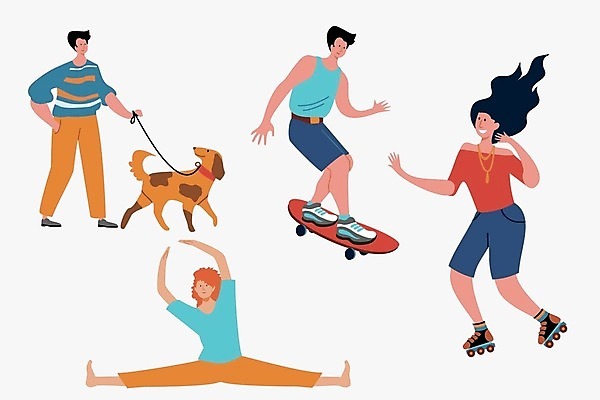EPS 해외이미지 전신 라이프스타일 여자 남자 일러스트 앉기 여러명 성인 취미 운동복 스트레칭 산책 스케이트보드 개 롤러블레이드 주머니손 목줄 다리찢기 성인만 해외일러스트 옷 다수 포유류 모션 휴식 사람 생활 운동 보드_스포츠 파일형식 벡터 반려용품