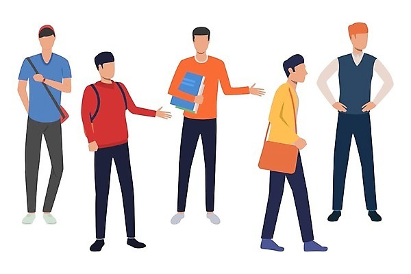 EPS 해외이미지 전신 남자 대학생 허리손 가방 일러스트 모션 대학생라이프 서기 들기 여러명 성인 책 걷기 성인남자만 해외일러스트 학생 라이프스타일 잡화 포즈 다수 사람 남자만 성인만 파일형식 벡터