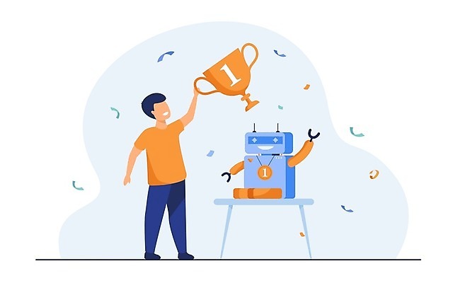 EPS 해외이미지 전신 남자 어린이라이프 어린이 일러스트 한명 서기 들기 소년 우승 트로피 로봇 꽃가루 금메달 대회 소년한명만 해외일러스트 1 라이프스타일 모션 사람 최고 가루 상_우승 메달 남자한명만 소년만 파일형식 벡터