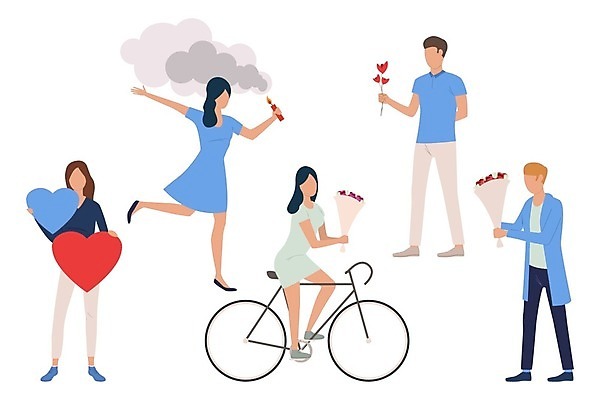 EPS 해외이미지 전신 여자 남자 꽃다발 커플라이프 프로포즈 데이트 일러스트 서기 들기 여러명 성인 걷기 자전거 하트 성인만 해외일러스트 모양 라이프스타일 커플 꽃 다수 모션 사람 바이크 파일형식 벡터