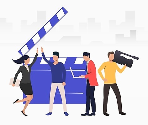 EPS 해외이미지 전신 여자 남자 허리손 일러스트 서기 들기 여러명 성인 노트북 카메라 비즈니스맨 비즈니스우먼 뉴스 클래퍼보드 아나운서 하이파이브 리포터 성인만 해외일러스트 직업 포즈 다수 비즈니스 모션 사람 손짓 전자제품 직장인 파일형식 벡터