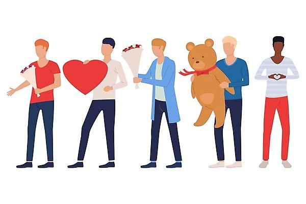 EPS 해외이미지 전신 라이프스타일 남자 꽃 꽃다발 프로포즈 일러스트 발렌타인데이 서기 들기 여러명 성인 곰인형 하트 성인남자만 해외일러스트 모양 식물 인형 다수 모션 데이이벤트 사람 생활 남자만 성인만 파일형식 벡터