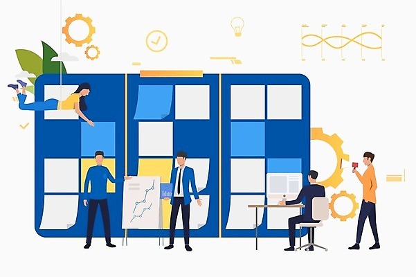 EPS 해외이미지 전신 여자 남자 일러스트 비즈니스 매달리기 서기 들기 앉기 여러명 성인 파란색 비즈니스라이프 컴퓨터 확성기 업무 비즈니스맨 비즈니스우먼 포스트잇 성인만 해외일러스트 라이프스타일 컬러 다수 모션 사람 전자제품 메모지 작업 직장인 파일형식 벡터