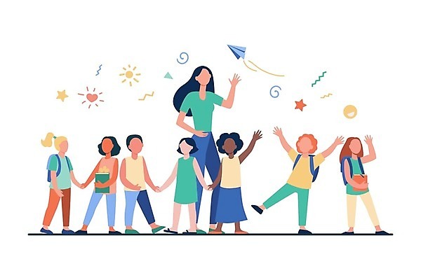 EPS 해외이미지 학생 여자 남자 행복 어린이 일러스트 소년 여러명 성인 교사 신학기 해외일러스트 직업 감정 다수 사람 파일형식 벡터