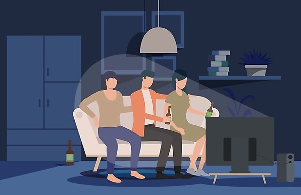 EPS 해외이미지 라이프스타일 여자 남자 일러스트 맥주 세명 모니터 텔레비전 모임 마시기 영화 방송 성인만 집콕 홈시네마 해외일러스트 모션 문화예술 주류 사람 생활 전자제품 컴퓨터 신조어 파일형식 벡터 앳홈라이프