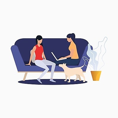 EPS 해외이미지 라이프스타일 여자 반려견 일러스트 앉기 두명 친구 노트북 반려동물 개 성인여자만 해외일러스트 동물 포유류 관계 모션 사람 생활 전자제품 여자만 성인만 파일형식 벡터