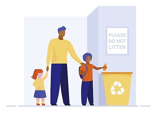 EPS 해외이미지 여자 남자 어린이 일러스트 가족 성인 세명 재활용 쓰레기통 아빠 에코 해외일러스트 관계 사람 환경 친환경 파일형식 벡터