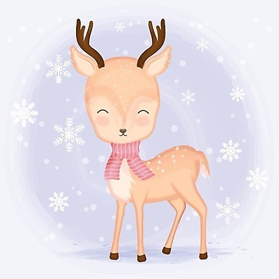 EPS 해외이미지 한마리 동물캐릭터 일러스트 사람없음 귀여움 목도리 눈송이 아기사슴 파스텔톤 애니멀아트 해외일러스트 일러캐릭터 동물 캐릭터 1 잡화 새끼 컬러 컨셉 사슴 눈_날씨 그림 파일형식 벡터