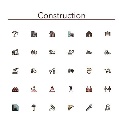 EPS 해외이미지 벽돌 사람없음 건물 공구 스패너 중장비 망치 헬멧 불도저 굴착기 기중기 짐차 청사진 건축업자 차고 칼라콘 해외202004 건축물 건축 자동차 도구 산업장비 안전장비 보호장비 파일형식 벡터