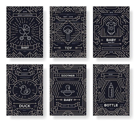 EPS 해외이미지 라인일러스트 일러스트 추상 사람없음 세트 검은색 아기용품 육아 젖병 노리개젖꼭지 유모차 딸랑이 유아복 오리인형 해외202004 해외일러스트 옷 인형 컬러 무늬 오브젝트 파일형식 벡터