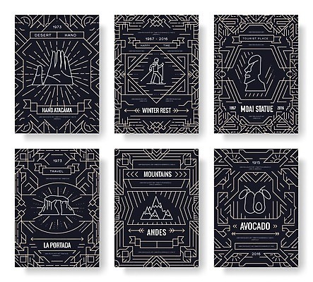 EPS 해외이미지 문화 라인일러스트 일러스트 추상 스키 사람없음 세트 검은색 문화재 칠레 아보카도 모아이 산맥 해외202004 해외일러스트 컬러 무늬 과일 겨울스포츠 산 남아메리카 석상 이스터섬 파일형식 벡터