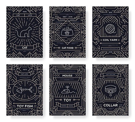 EPS 해외이미지 라인일러스트 일러스트 추상 사람없음 검은색 고양이 털실 쥐 목줄 개밥그릇 생선가시 반려묘 애묘용품 해외202004 해외일러스트 그릇 컬러 무늬 포유류 반려동물 실 설치류 애견용품 파일형식 벡터 반려용품