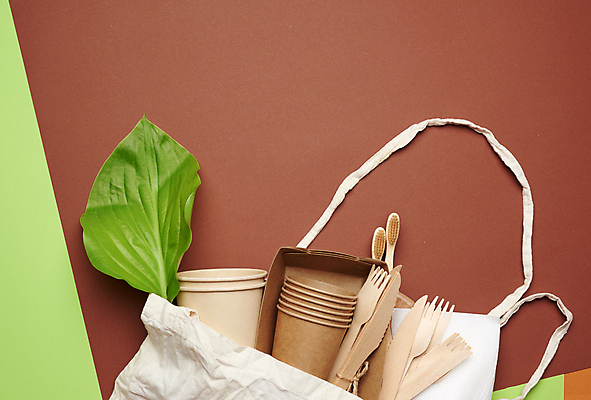 포토 JPG 해외이미지 잎 실내 사람없음 재활용 칫솔 종이컵 일회용 친환경 나무칼 나무포크 에코백 갈색배경 해외포토 식물 백그라운드 포크 가방 내부 컵 위생용품 갈색 환경 칼 에코 파일형식