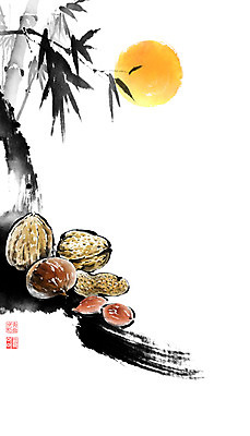 PSD 잎 일러스트 캘리그라피 붓터치 사람없음 도장 견과류 보름달 밤 대나무 동양화 언덕 땅콩 번짐 호두 정월대보름 낙관 부럼 국내일러스트 나무 식물 명절 미술 달 파일형식 효과