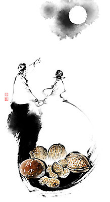 PSD 부부 응시 여자 남자 일러스트 캘리그라피 붓터치 성인 두명 손잡기 보름달 가리킴 밤 한복 동양화 땅콩 번짐 호두 정월대보름 낙관 부럼 성인만 국내일러스트 한국전통 커플 시선 명절 모션 미술 사람 손짓 견과류 달 전통의상 파일형식 효과