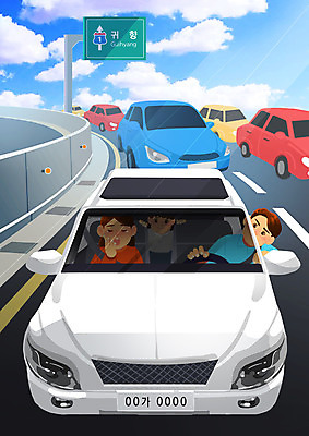 PSD 여자 남자 아들 어린이 일러스트 가족 엄마 소년 상반신 성인 세명 부모 고속도로 아빠 지루함 고민 하품 러시아워 귀성길 귀향길 국내일러스트 감정 도로 길 교통 관계 사람 생리현상 파일형식