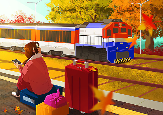 전신 PSD 응시 여자 단풍 일러스트 한명 들기 앉기 성인 스마트폰 캐리어 기차 기다림 보따리 기차역 귀성길 귀향길 성인여자한명만 국내일러스트 1 시선 길 육상교통 잎 모션 대중교통 사람 핸드폰 스마트기기 여행가방 역 여자한명만 성인여자만 파일형식
