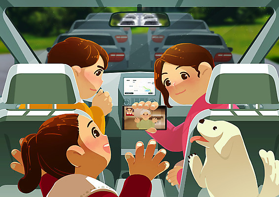 PSD 여자 노년 남자 딸 도로 어린이 일러스트 자동차 엄마 미소 소녀 여러명 상반신 성인 부모 손들기 인사 아빠 강아지 차안 귀성길 귀향길 언택트 온택트 국내일러스트 길 육상교통 다수 가족 교통시설 모션 표정 사람 반려동물 예절 개 파일형식