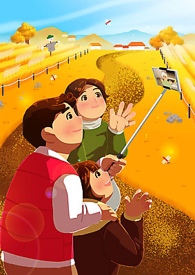 PSD 여자 노년 남자 딸 일러스트 엄마 미소 들기 소녀 여러명 상반신 성인 울타리 부모 손들기 인사 아빠 허수아비 귀향길 셀카봉 화상통화 언택트 온택트 국내일러스트 길 어린이 다수 농업 가족 모션 표정 사람 담장 예절 통화 파일형식