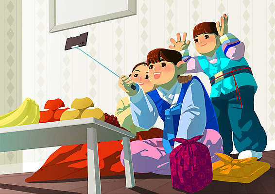 전신 PSD 여자 명절 남자 아들 어린이 일러스트 엄마 서기 미소 들기 앉기 소년 성인 세명 부모 손들기 아빠 한복 보따리 손인사 셀카봉 화상통화 언택트 온택트 국내일러스트 한국전통 전통 기념일 가족 모션 표정 사람 인사 전통의상 통화 파일형식