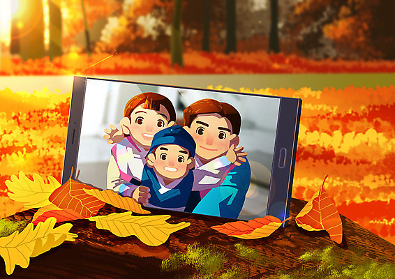 PSD 여자 명절 남자 아들 어린이 단풍 일러스트 가족 엄마 미소 소년 상반신 성인 세명 부모 손들기 아빠 한복 화상통화 언택트 온택트 국내일러스트 한국전통 전통 기념일 잎 관계 모션 표정 사람 전통의상 통화 파일형식