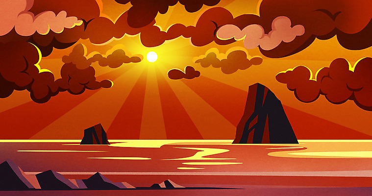 PSD 구름 바다 백그라운드 일러스트 사람없음 태양 노을 주황색 바위 독도 국내일러스트 자연요소 컬러 섬 한국 돌_바위 파일형식