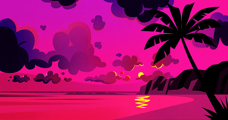 PSD 구름 실루엣 바다 분홍색 섬 백그라운드 일러스트 사람없음 야자수 태양 노을 국내일러스트 자연요소 나무 컬러 촬영기법 파일형식