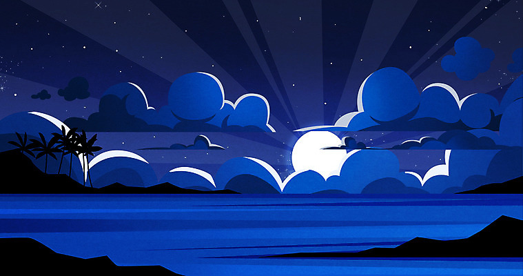 PSD 섬 백그라운드 일러스트 사람없음 야자수 달 바위 야간 남색 달빛 밤바다 국내일러스트 자연요소 나무 바다 컬러 돌_바위 파일형식