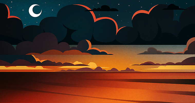 PSD 구름 바다 백그라운드 일러스트 사람없음 노을 주황색 야간 초승달 밤바다 국내일러스트 자연요소 컬러 달 파일형식